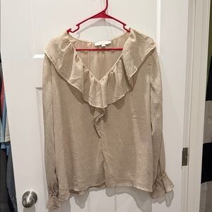 LOFT Cream Ruffle V-Neck Long Sleeve Blouse with Micro Dot